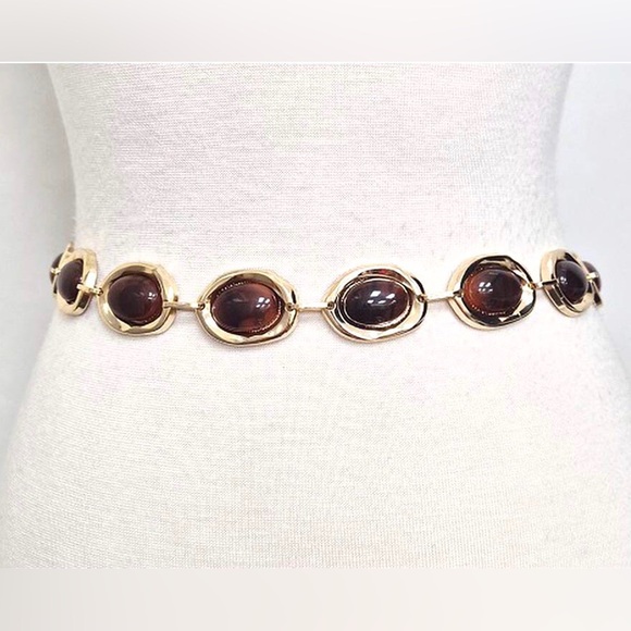 Bejeweled Gold Oval Stone Cluster Link Waist Chain Statement Belt